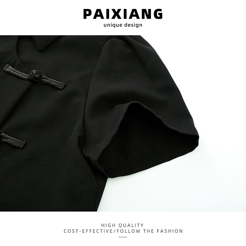 【PAIXIANGシリーズ】★チャイナ風トップス★ シャツ ブラック 黒い 中華服 半袖 レディース ショート丈