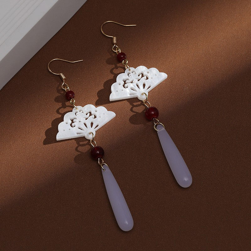 [Drejew Series] ★Chinese-style earrings★ Pair of earrings or earrings, fan, sense, fringe, unique