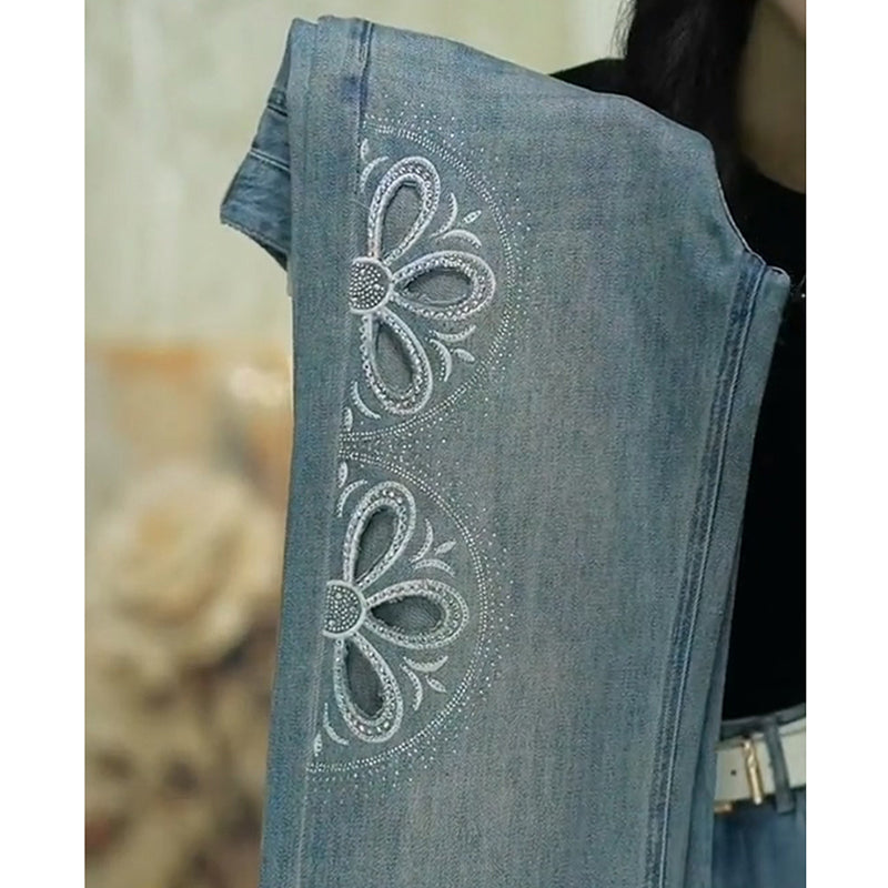 [OURI Series] ★Denim pants★ Trousers Bottoms Floral pattern Casual Easy to match Ladies Fashionable