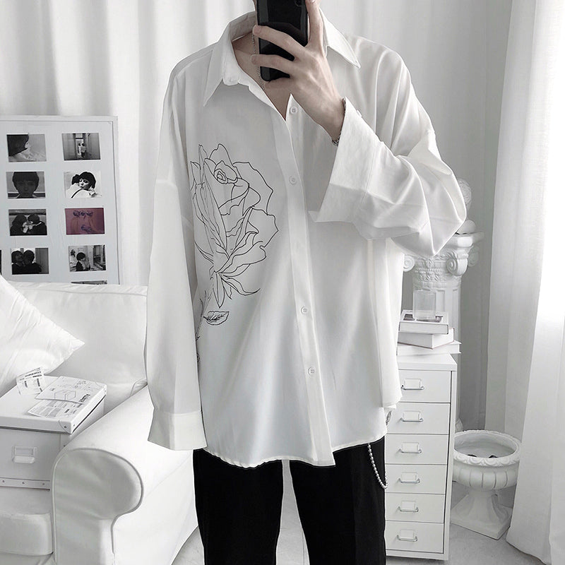 [Fudoku Sensei Series]★Shirt★ 2color long sleeve shirt tops unisex men's black white rose