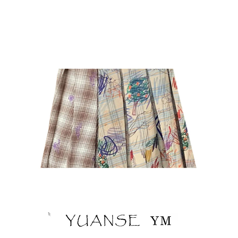 [YUANSE Series] ★Skirt★ Bottoms Plaid Skirt Graffiti Ladies Literary Style