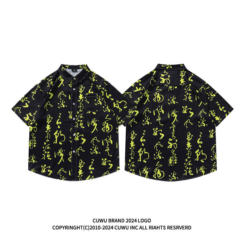 Very popular item [BEAT BOY series]★China style shirt★ Letter pattern Kanji short sleeve shirt Floral pattern shirt Print tops Unisex Men's ML XL 2XL