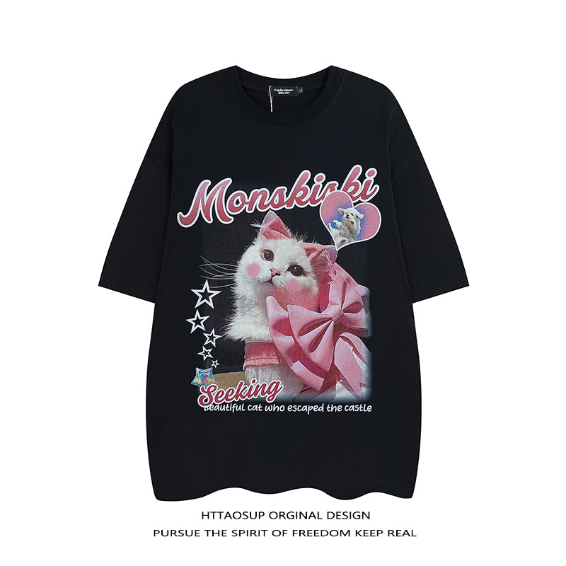 【HTTAOSUPシリーズ】★Tシャツ★ 3color トップス 半袖 レディース 男女兼用 メンズ コットン 猫 ねこ ネコ 猫柄