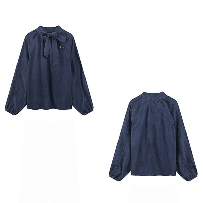 [YIHAO Series]★Shirt★ Tops Long Sleeve Shirt Women's Ribbon Denim Jeans Blue Blue