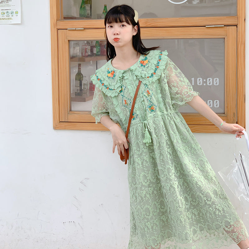 [MUCHA Series] ★One Piece★ Lace Embroidery Ladies Cute Temperament Up Date Commuting Green Green