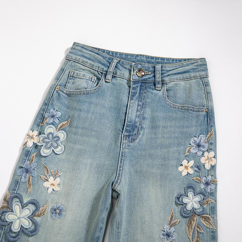 [OURI Series] ★Denim pants★ Trousers Bottoms Floral pattern Casual Easy to match Ladies Fashionable