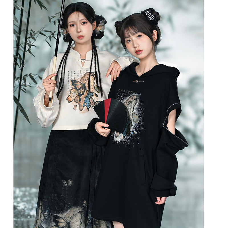 [Mori Onna Buraku Series] ★China style tops★ 2color butterfly short length sweatshirt original easy to match