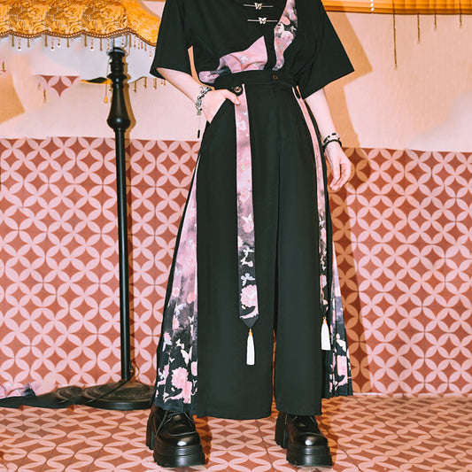 [Kokaisha---Butterfly Gin Series] Chinese-style trousers, bottoms, gaucho pants, original, slimming, switching, floral pattern