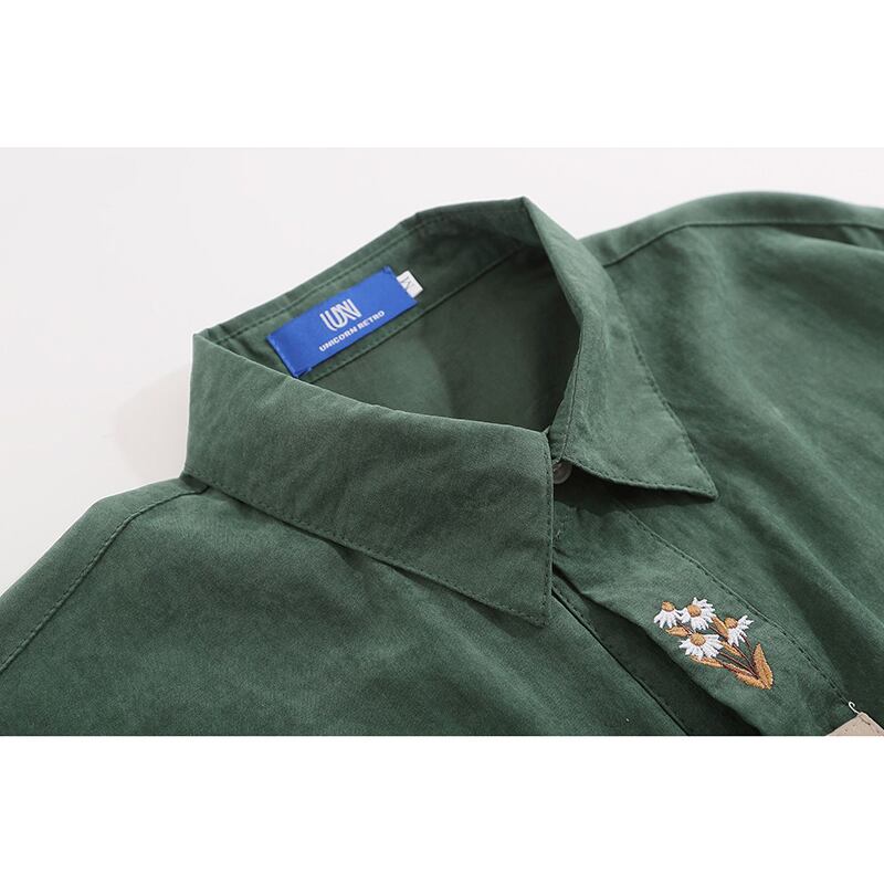 [MOISHE TIDE Series]★Shirt★ 2color Long Sleeve Shirt Tops Embroidery Unisex Men's Green Apricot