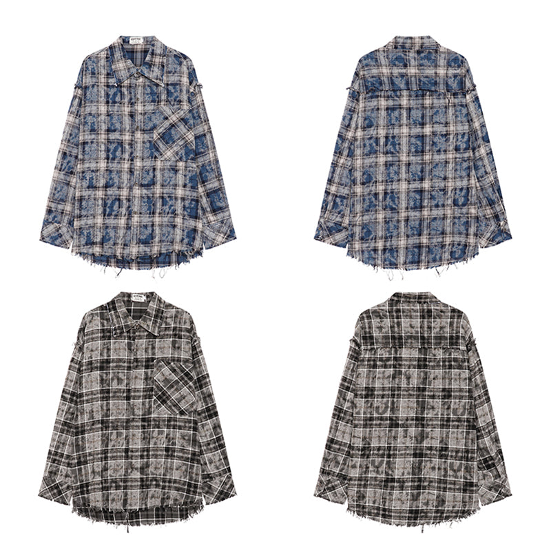 [Feel lonely series]★Shirt★ 2color long sleeve shirt tops plaid pattern unisex men's black blue