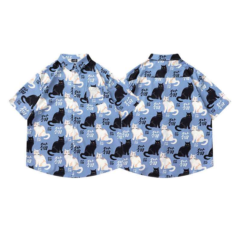 【TRAVEL ISSUANCEシリーズ】★シャツ★ 半袖シャツ トップス 猫 猫柄 ねこ ネコ 男女兼用 メンズ M L XL 2XL レディース 夏服 ブルー 青い