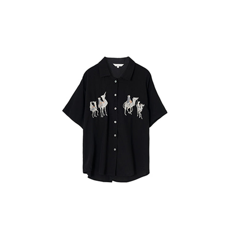 [HUAYUXIN Series] ★Tops★ 2color Shirt Short Sleeve Embroidery Women's Temperament Enhancement Chiffon Black White