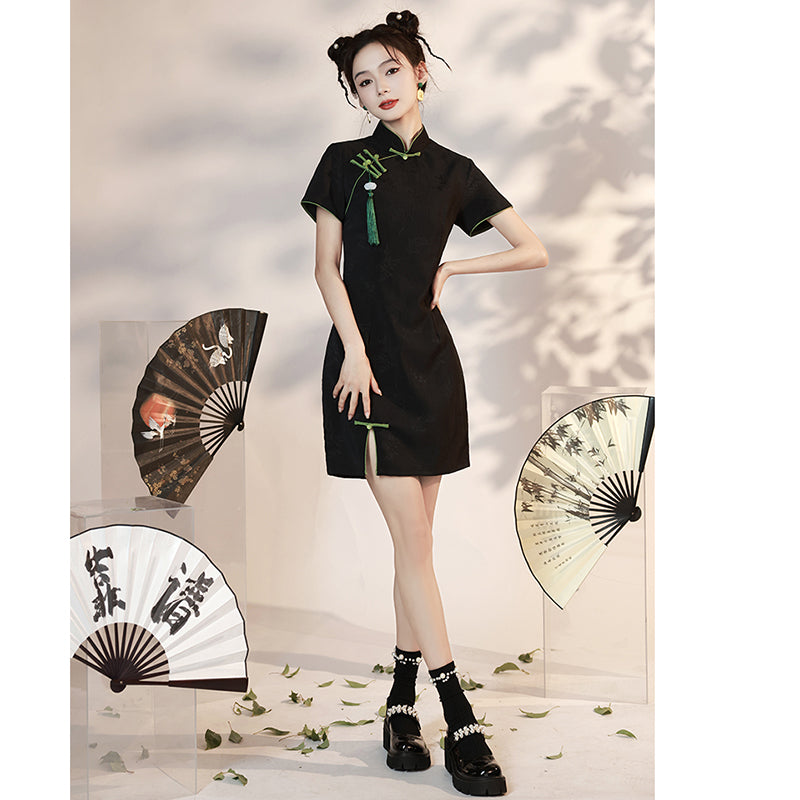 [HANYUNSHI series]★China dress★ Chinese style dress, short sleeves, short length, black, black