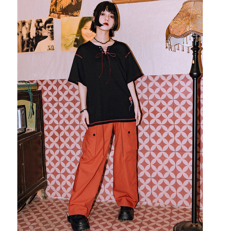 [Kokaisha Series] ★China style pants★ Chiffon gaucho pants Spring/Summer Loose Black Black SML XL