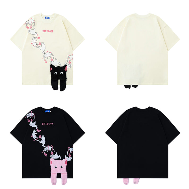 【Feel lonelyシリーズ】★Tシャツ★ 3color 半袖 コットン 男女兼用 メンズ 猫 ねこ ネコ コットン カップル服