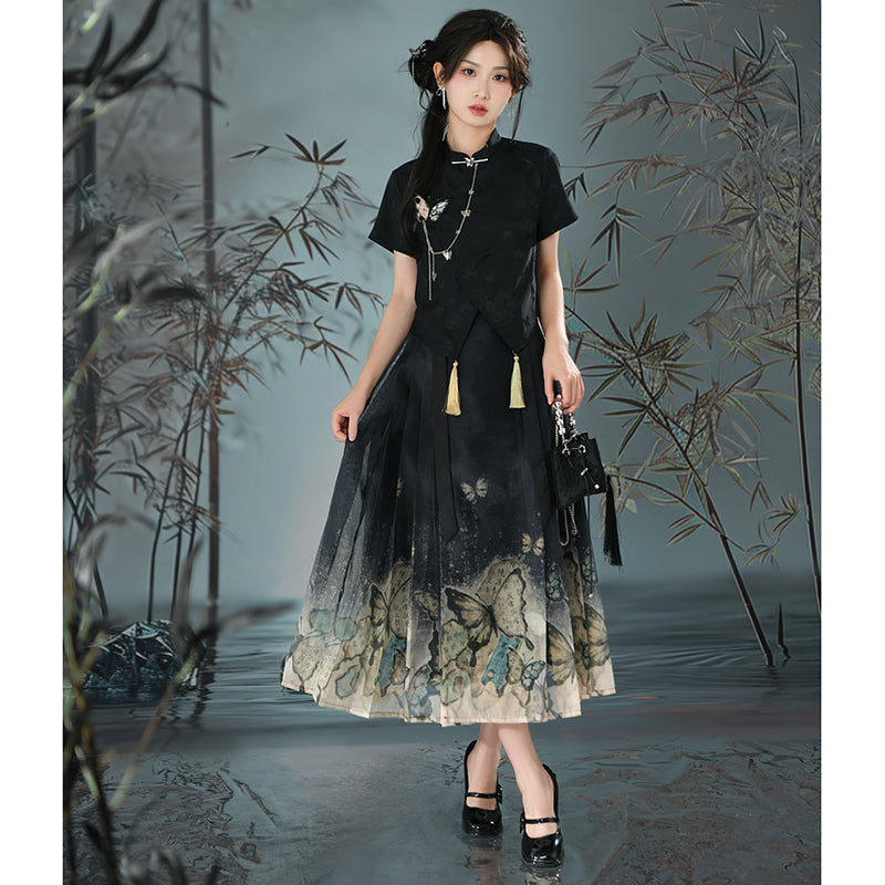 [Mori Onna Buraku Series] ★Chinese style skirt★ 2 types available Long length or short length Bottoms Butterfly Chinese clothing