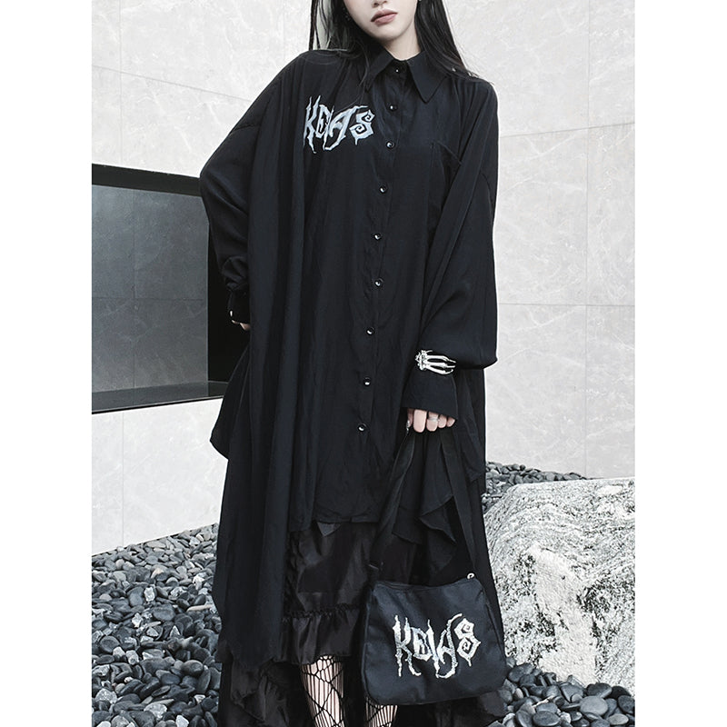 [Miub Series] ★Long Shirt★ Tops, long sleeve shirt, black, unique, thin, loose, easy to match