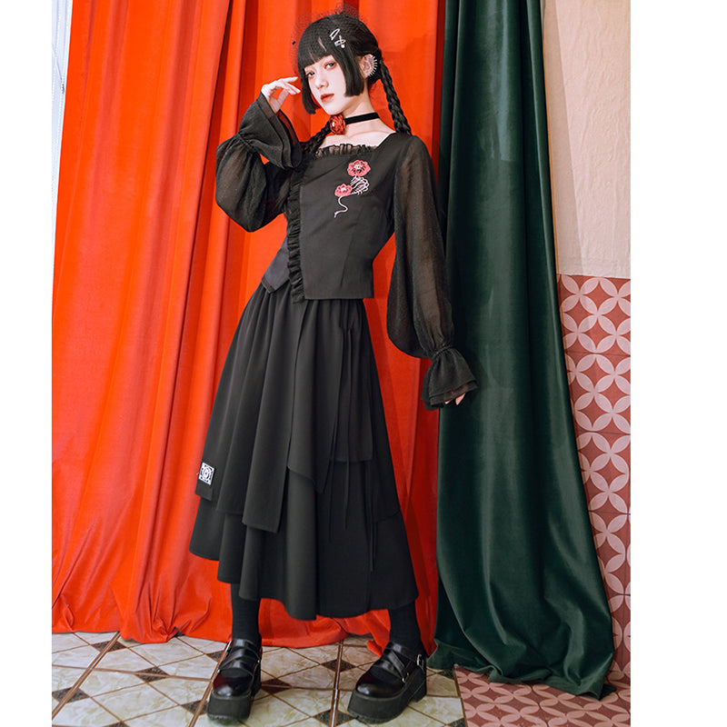 [Kokaisha---Eyeball Rose Series] ★Chinese style skirt★ Bottoms Chinese clothing S M L XL Easy to match Black Black Irregular