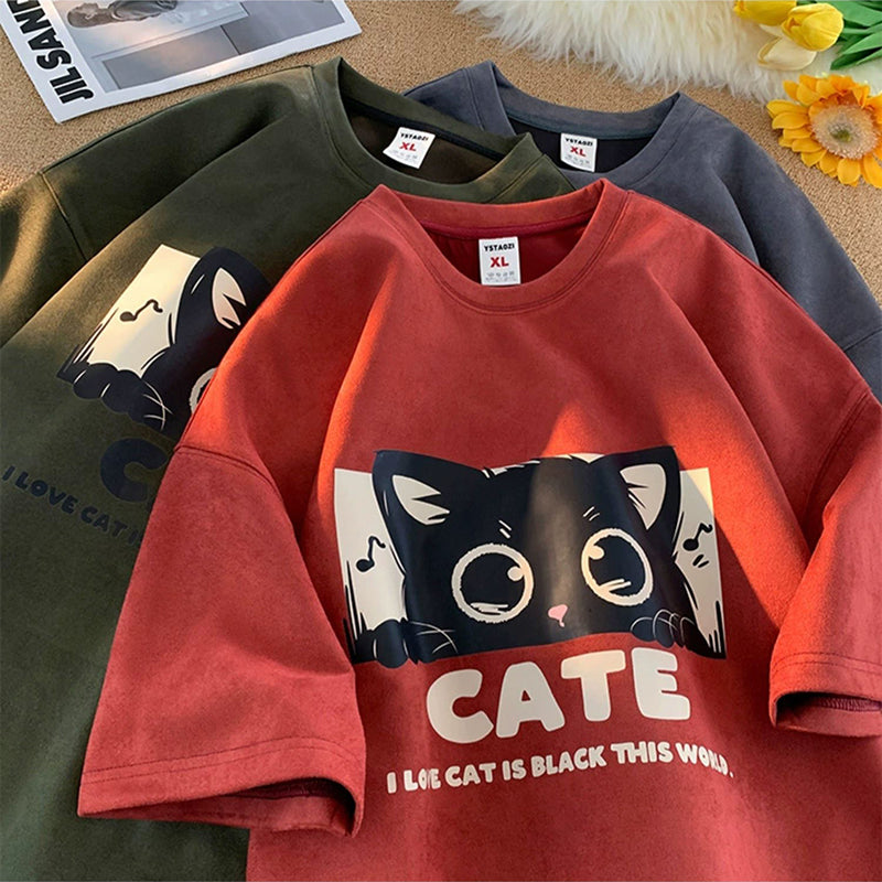 【PPGシリーズ】★Tシャツ★ 5color トップス 半袖 男女兼用 メンズ 大きいサイズ スエード 猫 ねこ ネコ 猫柄