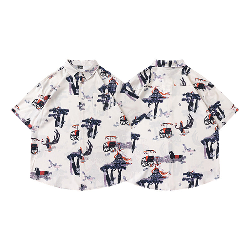 Very popular item [BEAT BOY series]★China style shirt★ Letter pattern Kanji short sleeve shirt Floral pattern shirt Print tops Unisex Men's ML XL 2XL