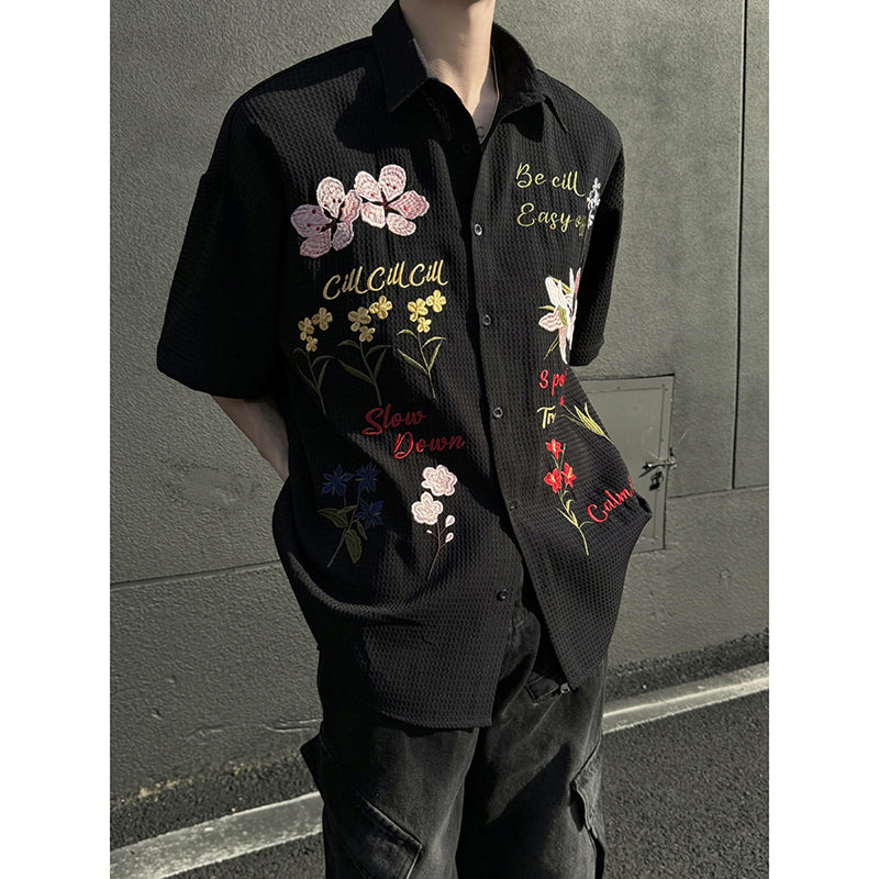 [NANSHI Series]★Shirt★ 2color Tops Embroidery Floral Pattern Short Sleeve Unisex Men's Casual Retro