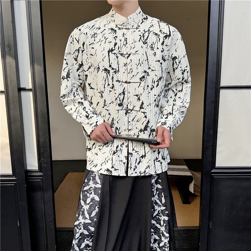 [Illustrated series]★China style shirt★Long sleeve shirt tops Ink pattern Unisex Men's Retro Casual