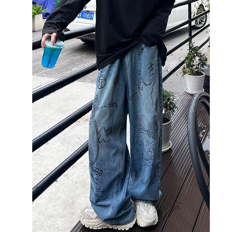 [XIHA Series]★Denim Pants★ Trousers Casual Pants Bottoms Unisex Men's Graffiti Blue Blue