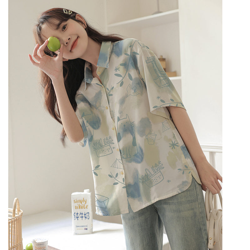 [MOYU Series] ★Shirt★ Tops, short sleeves, thin, printed, women's, unique, cute, SML, floral pattern, easy to match, summer clothes