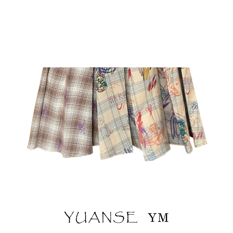 [YUANSE Series] ★Skirt★ Bottoms Plaid Skirt Graffiti Ladies Literary Style