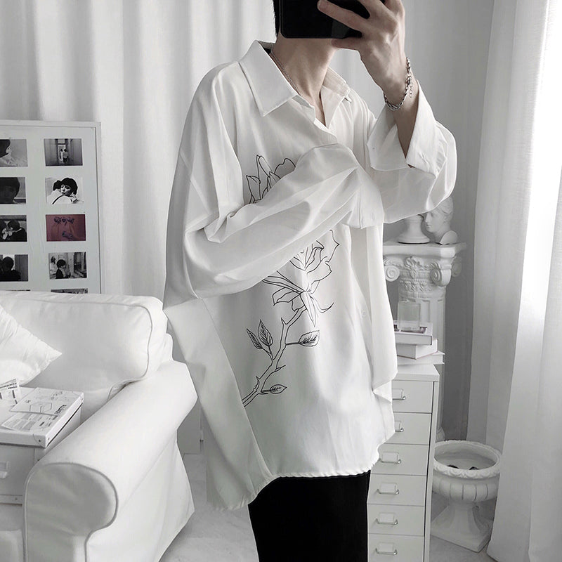 [Fudoku Sensei Series]★Shirt★ 2color long sleeve shirt tops unisex men's black white rose