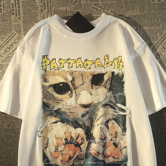 [SCS Series]★T-shirt★ 2color Tops Short Sleeve Unisex Men's Large Size Cotton Cat Cat Cat