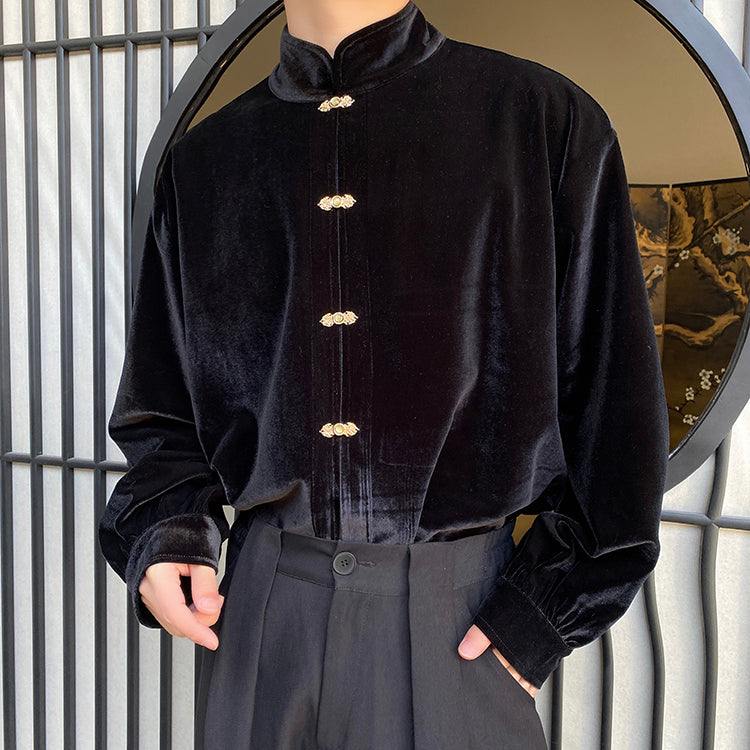 [Illustrated series] ★China style shirt★ 2color long sleeve shirt tops velvet unisex men's black wine red