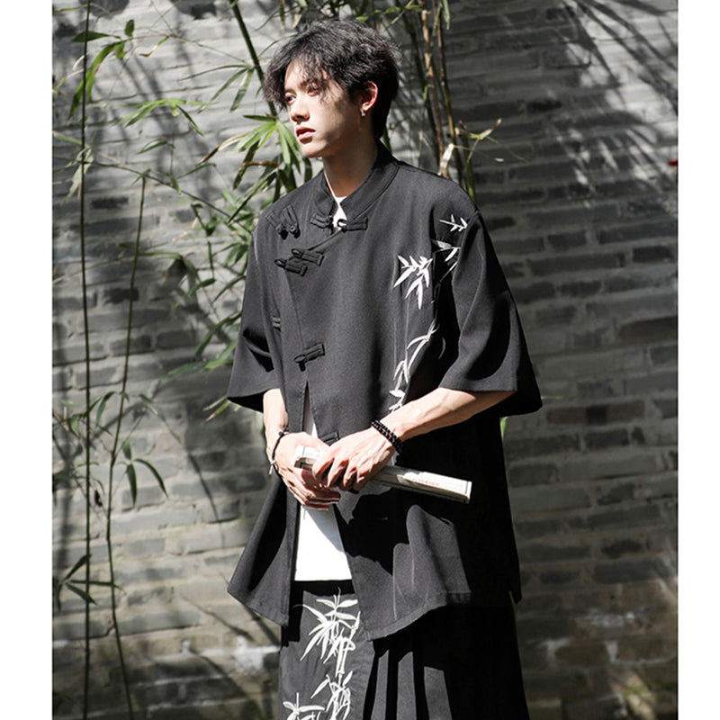 [BIGEMAN Series] ★China style tops★ 2color shirt, bamboo pattern, bamboo, short sleeves, unisex, men's, large size, black white