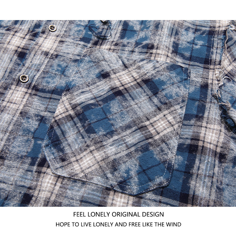 [Feel lonely series]★Shirt★ 2color long sleeve shirt tops plaid pattern unisex men's black blue