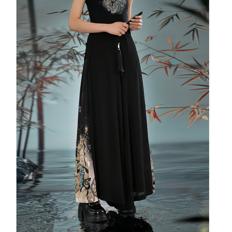 [Kokaisha---Butterfly Gin Series] Chinese-style trousers, bottoms, gaucho pants, original, slimming, switching, floral pattern