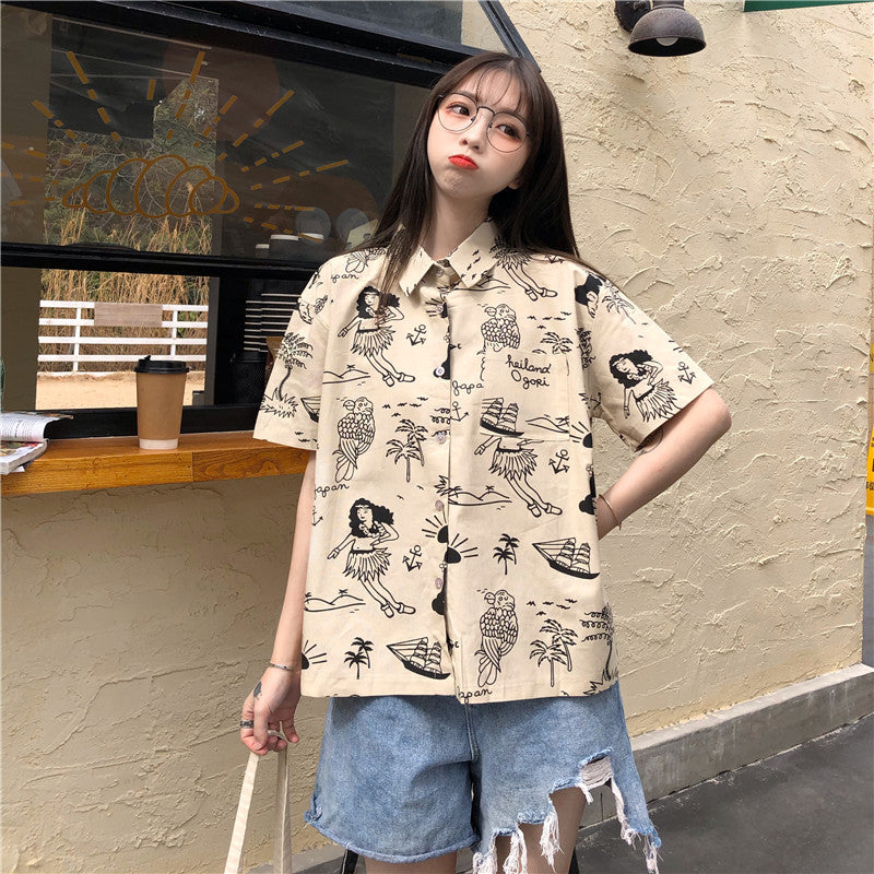 [FENGCAITU Series] ★Shirt★ Tops, short sleeves, printed, women's, unique, cute, ML, XL, retro