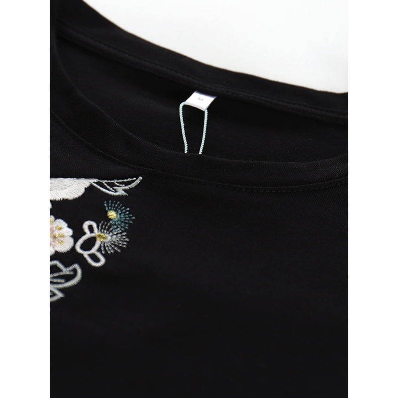 [YOYO CLUB Series]★China style top★ T-shirt short sleeve embroidery black black retro cute ladies