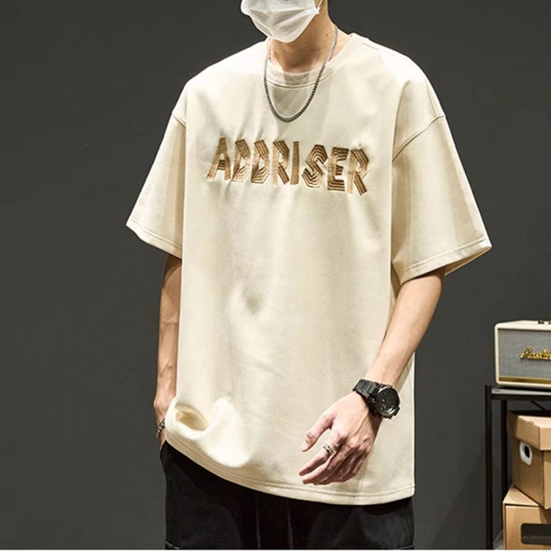 [SZON Series]★T-shirt★ 3color embroidery tops Unisex Men's Suede Black Apricot Coffee Color