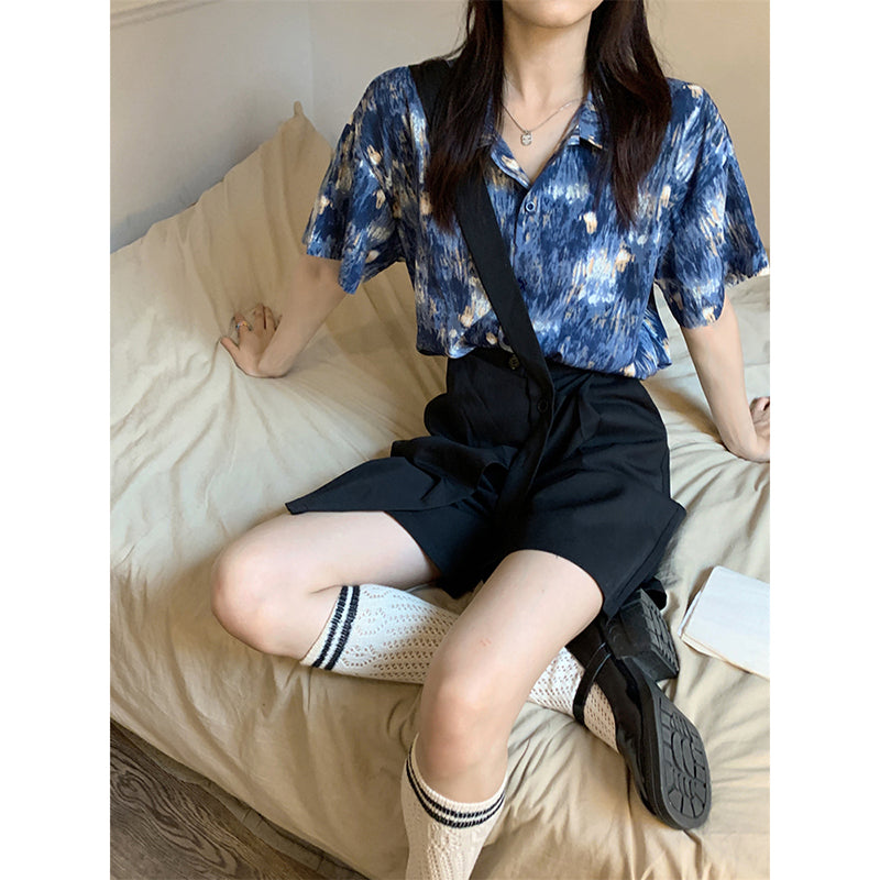 【HUAYUXINシリーズ】★シャツ★ トップス 半袖 レディース 可愛い S M L 合わせやすい 夏服 水墨柄 ブルー 青い