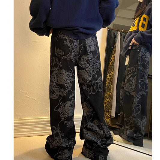 [YOULIN Series] ★China style trousers★ Denim pants, trousers, casual pants, bottoms, unisex, men's, dragon, dragon pattern