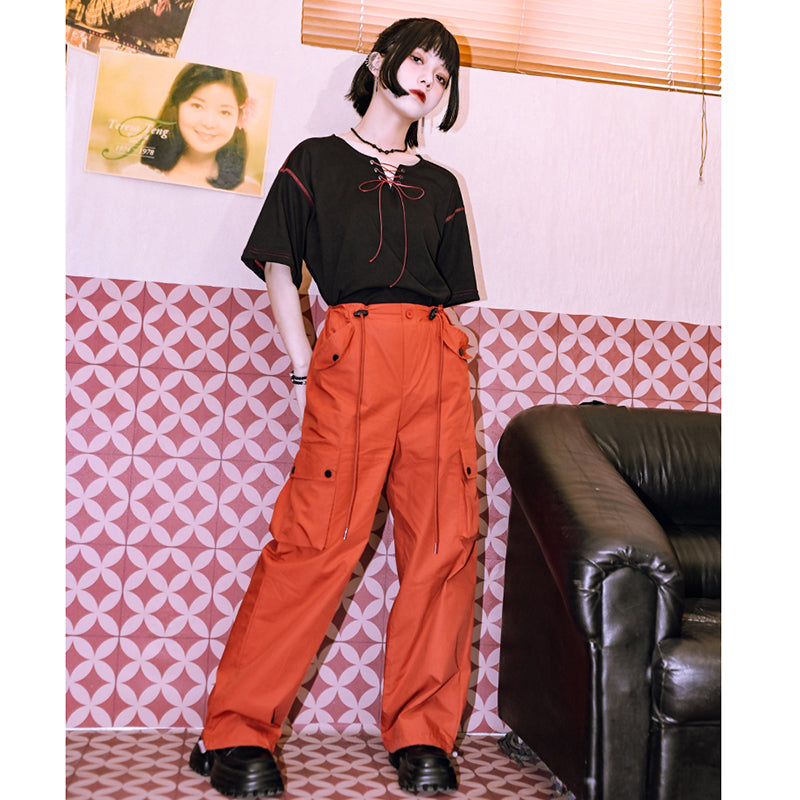 [Kokaisha Series] ★China style pants★ Chiffon gaucho pants Spring/Summer Loose Black Black SML XL