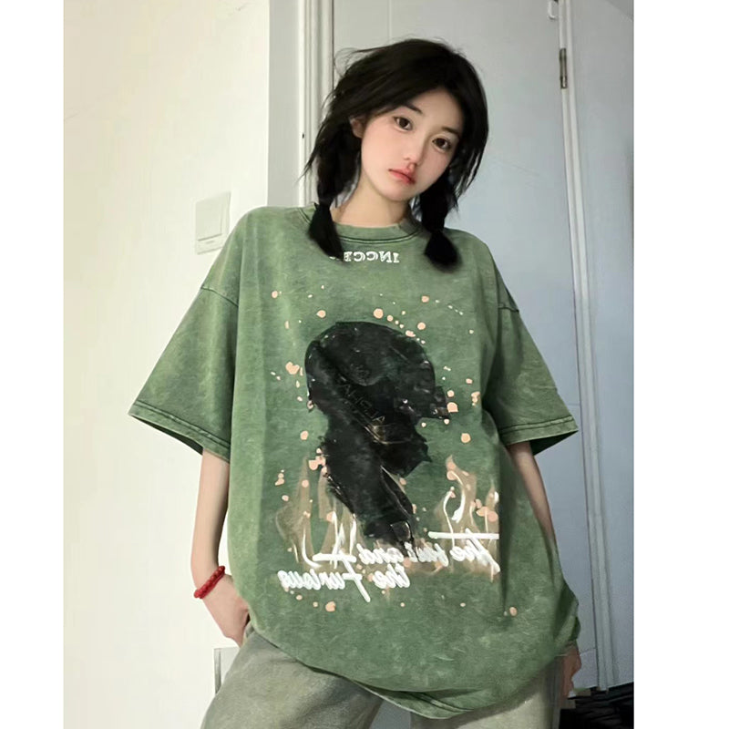 【FEIYUANSHENシリーズ】★Tシャツ★ 4color トップス 半袖 男女兼用 メンズ レトロ ブラック グリーン パープル ピンク