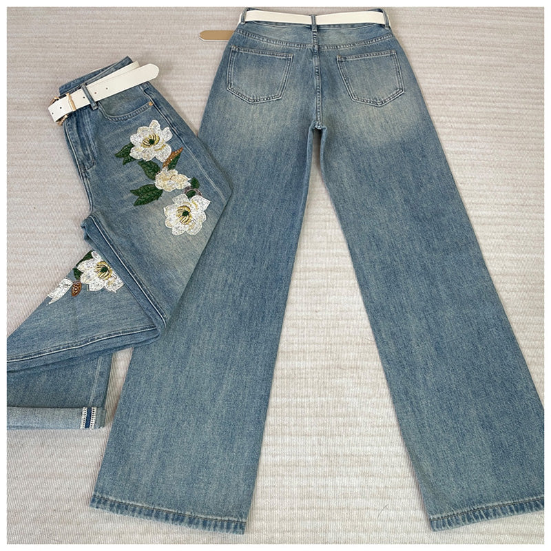 [OURI Series] ★Denim pants★ Trousers Bottoms Floral pattern Casual Easy to match Ladies Fashionable