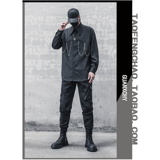 [WL Series]★Shirt★ Tops Long Sleeve Shirt Chain Unisex Men's Black Harajuku Style