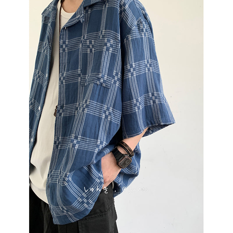 [JIWU series] ★Chinese style tops★ 2 colors Shirt Outerwear Short sleeve Denim Unisex Men's Casual Black Blue