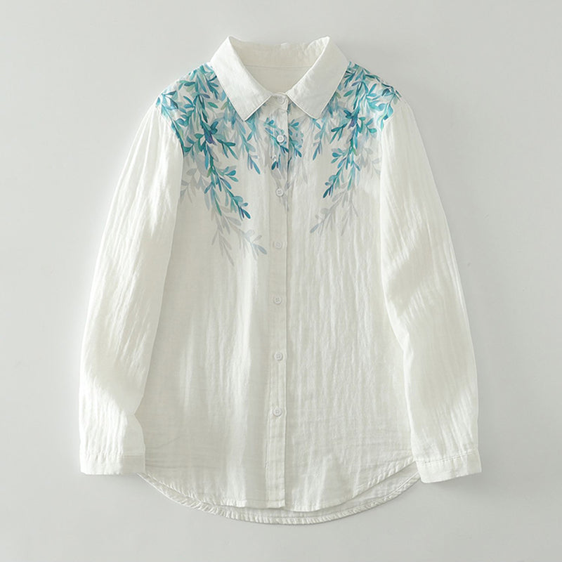 [YOUSHA Series] ★Chinese-style top★ Shirt, long sleeves, women's, oil painting style, cotton, white, blue