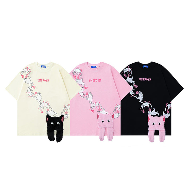 【Feel lonelyシリーズ】★Tシャツ★ 3color 半袖 コットン 男女兼用 メンズ 猫 ねこ ネコ コットン カップル服