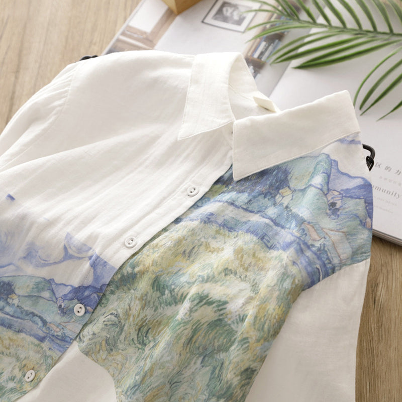 [XIUZHI Series] ★Long-sleeved shirt★ Tops for women, oil painting style, cotton, white, blue, improves your temperament