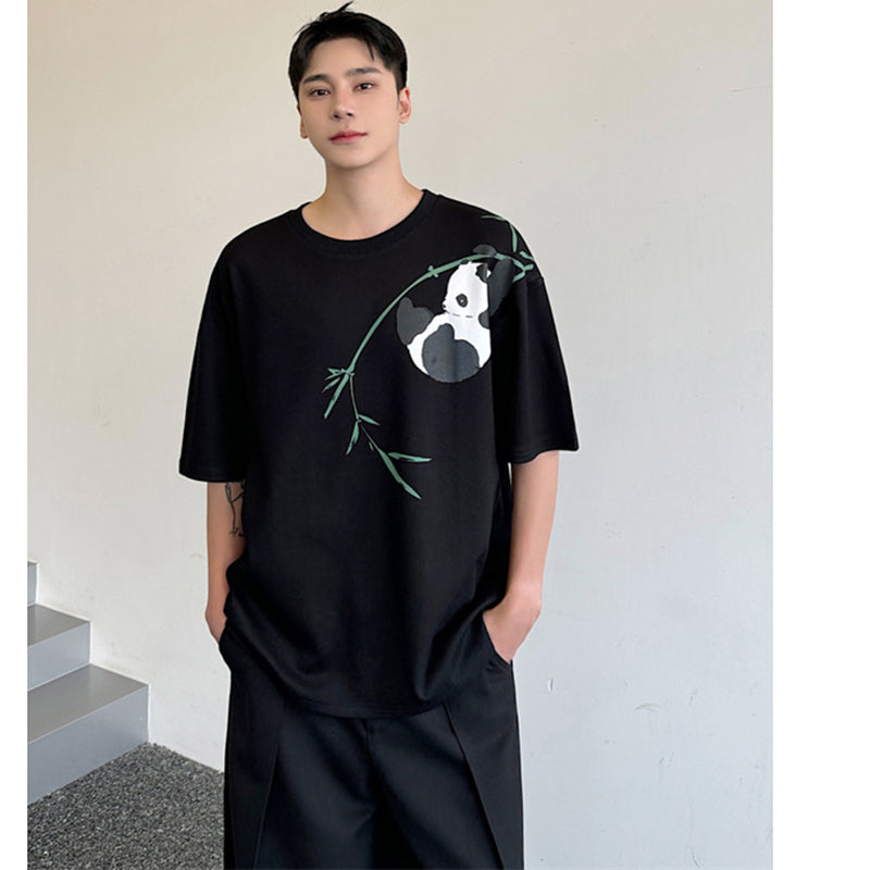 [ZHUIYI series] ★Chinese style tops★ 2color T-shirt, short sleeve, bamboo, bamboo pattern, panda, men's, casual, black, white