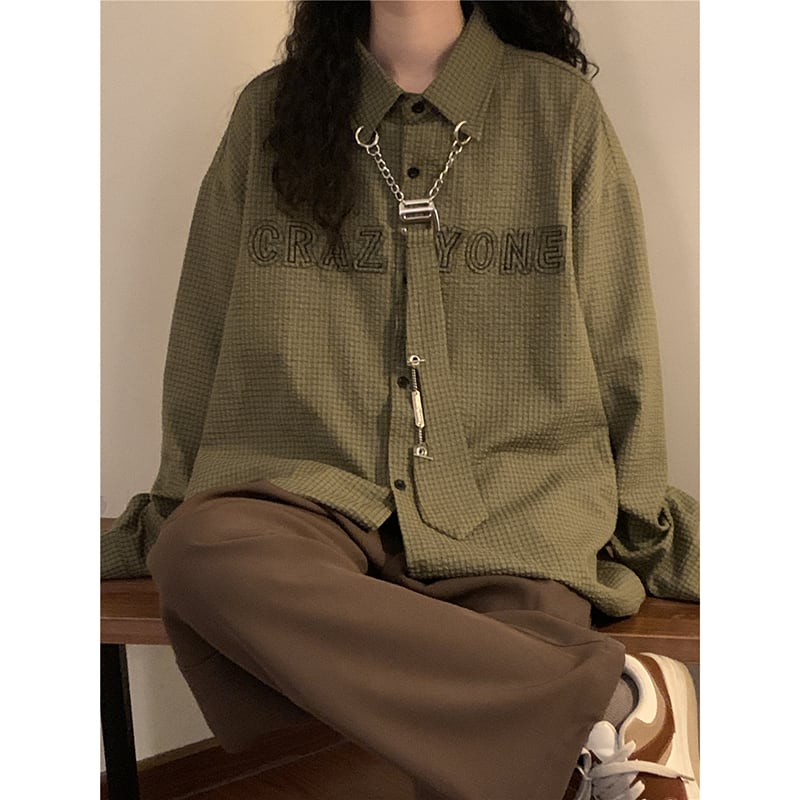 ✿New item! [NAGA Series]★Shirt★ Long sleeve shirt with tie, tops, unisex, men's green, coffee color